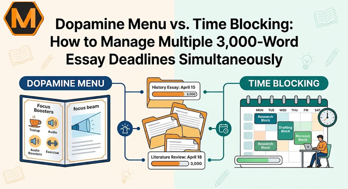 Dopamine Menu vs. Time Blocking: How to Manage Multiple 3,000-Word Essay Deadlines Simultaneously