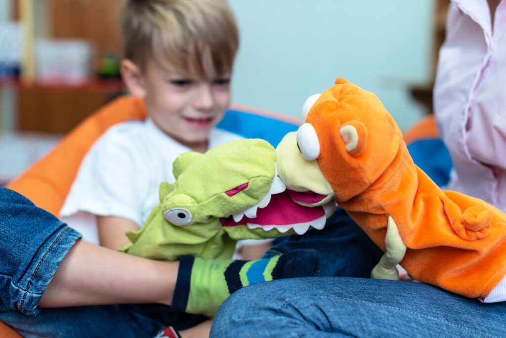 Child during a Therapy Assessment session with a speech therapist using colorful toys