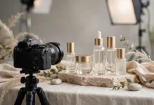 Beauty product photography setup with studio lighting