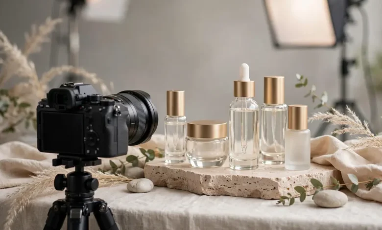 Beauty product photography setup with studio lighting