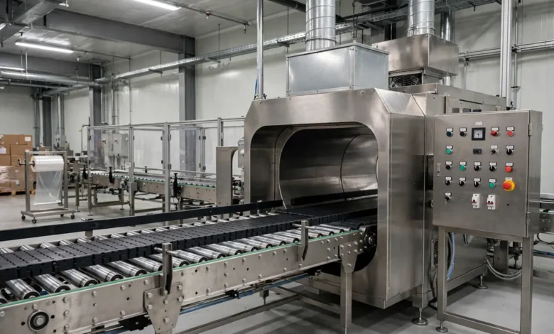 Industrial conveyor belt and shrink tunnel system