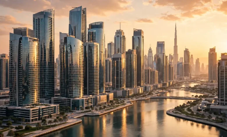 Dubai business district skyline at golden hour