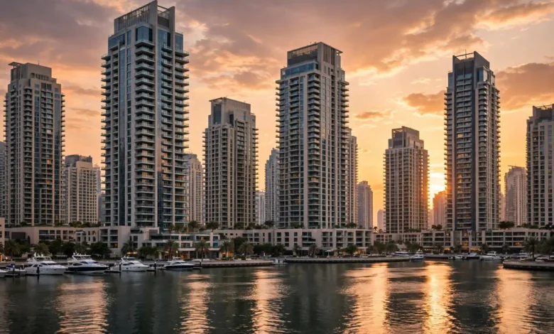 Luxury residential towers in Dubai Marina at sunset