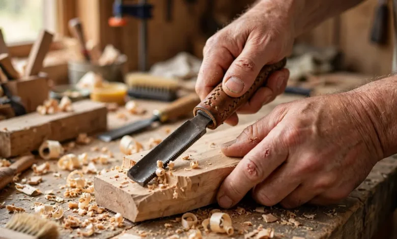 Woodworker shaping wood with a hand stitched rasp