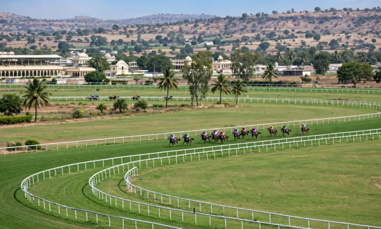 Racehorses competing on a turf track in India