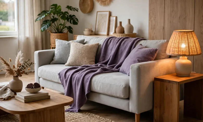 Purple throw blanket draped over a sofa in a cozy living room