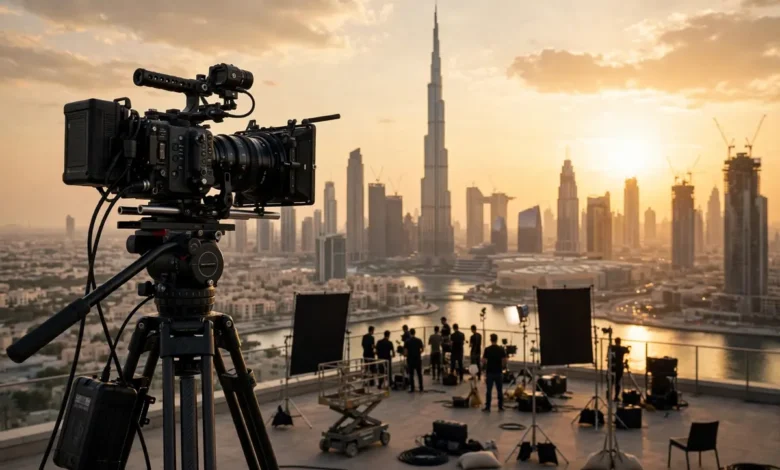 Film production set with the Dubai skyline behind