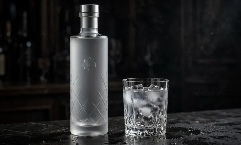Premium vodka bottle and glass on a dark bar surface