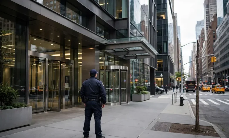 Professional security guard outside a New York office building