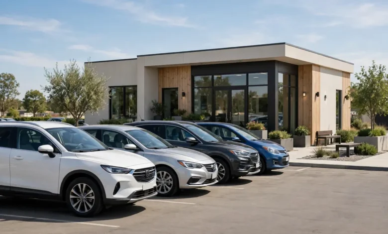 Row of rental cars outside a car rental office