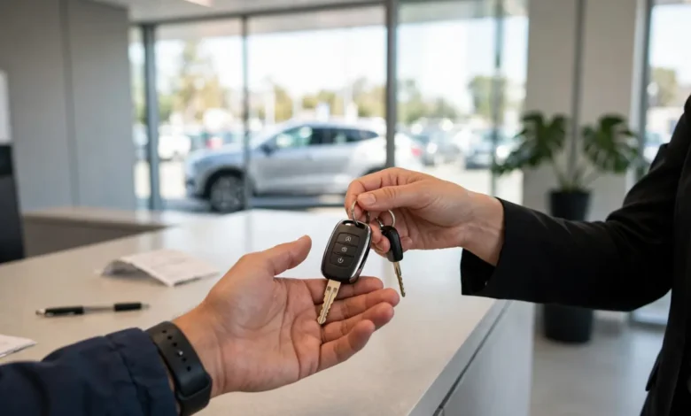 Customer receiving keys at a car rental office