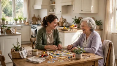 Caregiver spending time with an elderly woman at home