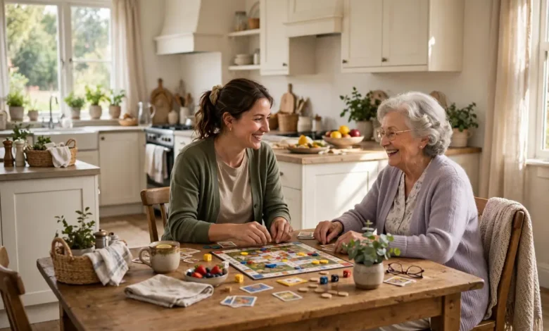 Caregiver spending time with an elderly woman at home