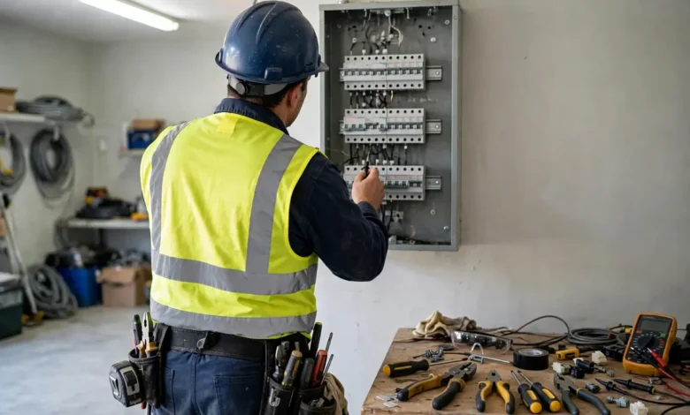 Electrician inspecting a home electrical panel