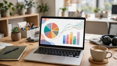 Digital marketing workspace with advertising analytics on a laptop