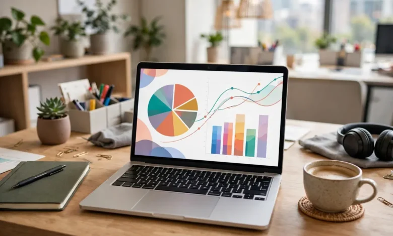 Digital marketing workspace with advertising analytics on a laptop