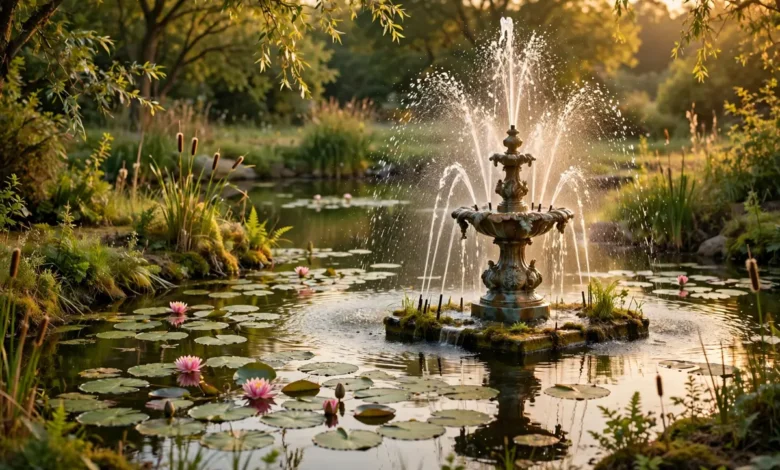 Floating fountain spraying water in a garden pond