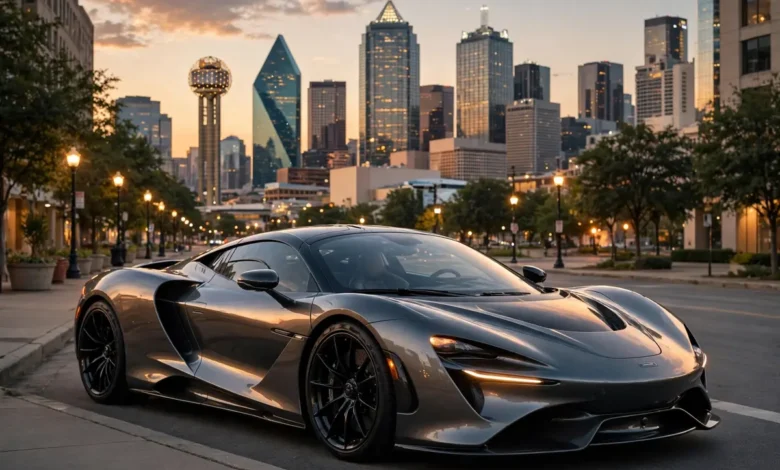 Luxury supercar on a Dallas street at dusk
