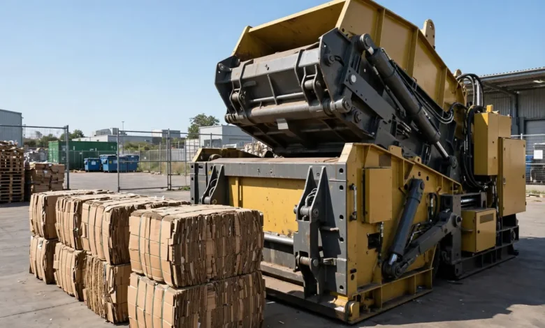 Industrial waste compactor at a recycling facility