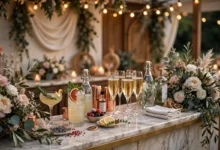 Elegant wedding bar with cocktails and champagne glasses