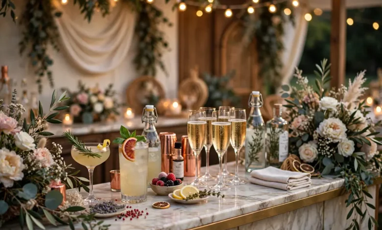 Elegant wedding bar with cocktails and champagne glasses