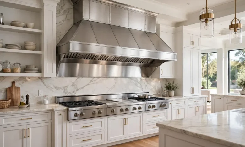 Large 54 inch professional range hood in a spacious kitchen