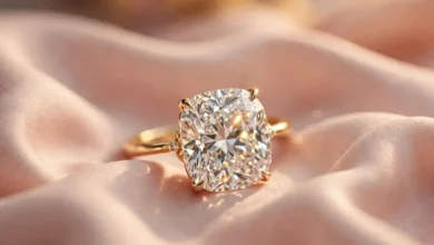 Cushion cut diamond engagement ring on blush silk