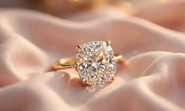 Cushion cut diamond engagement ring on blush silk