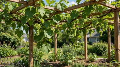 Grape vines trained on a wooden trellis in a sunny garden