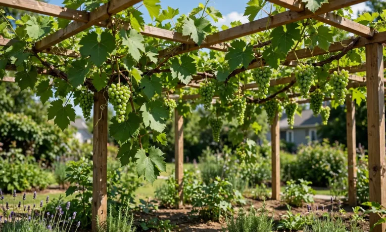 Grape vines trained on a wooden trellis in a sunny garden