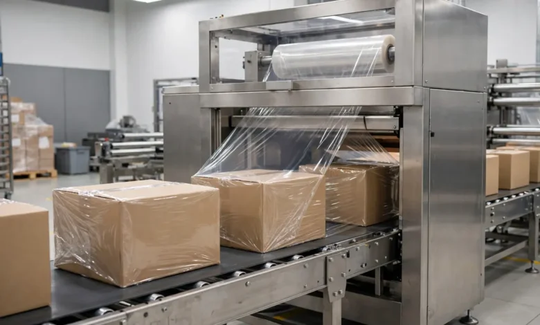 Polyeolefin shrink wrapping machine sealing boxes on a packaging line