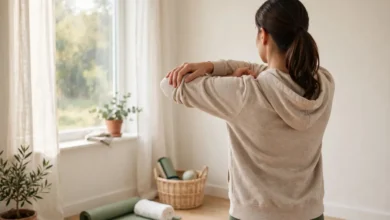 Person doing a gentle shoulder stretch at home for shoulder pain relief