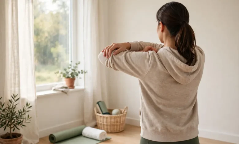 Person doing a gentle shoulder stretch at home for shoulder pain relief