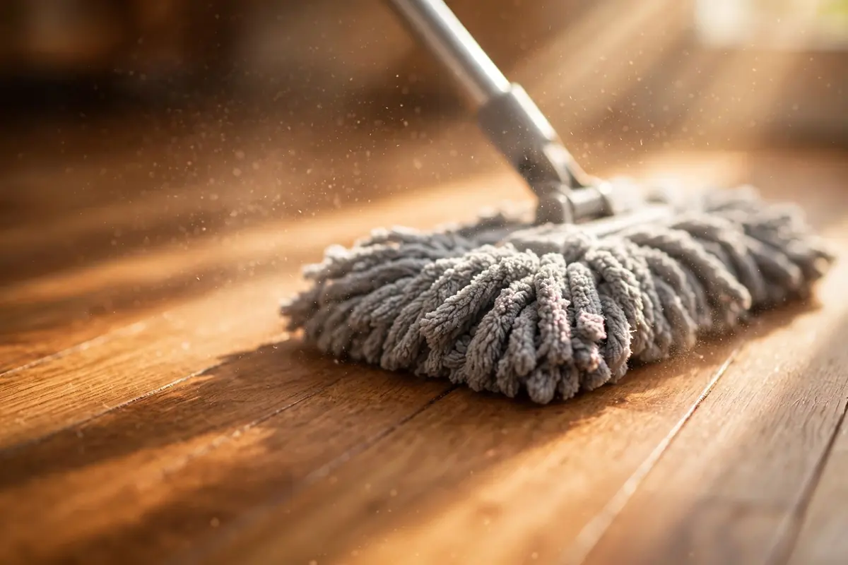 Cleaning hardwood floors with a microfiber dust mop to lift dust and grit