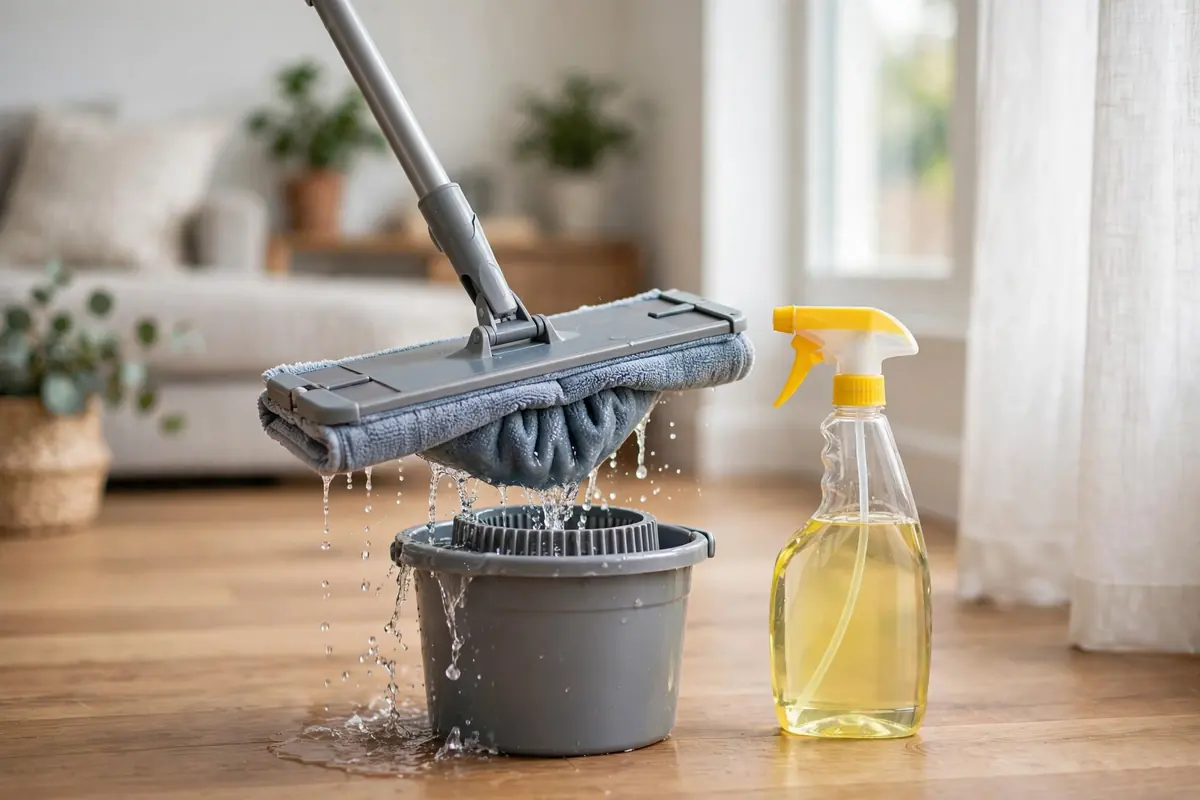 Damp mopping hardwood floors with a flat microfiber mop and a small amount of water