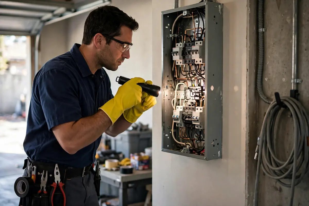 Electrician inspecting a home breaker panel for loose connections