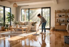 How to clean hardwood floors with a microfiber mop in a bright living room