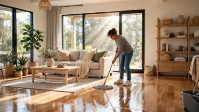 How to clean hardwood floors with a microfiber mop in a bright living room