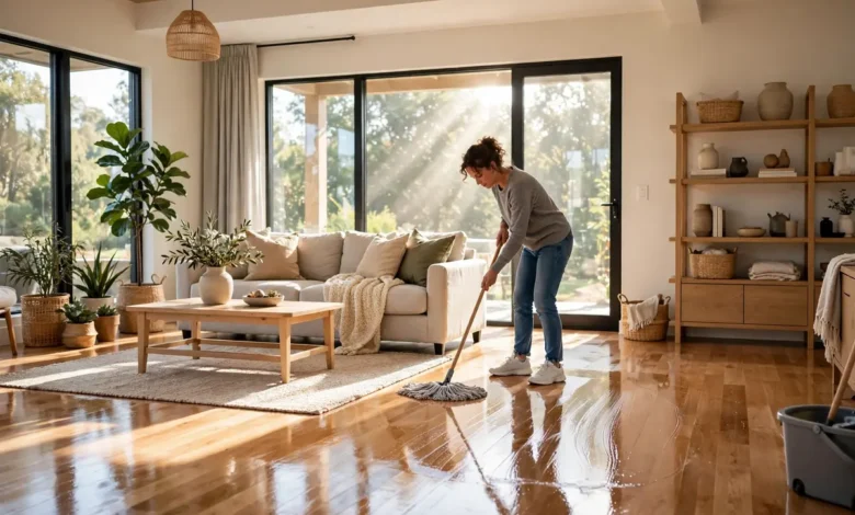 How to clean hardwood floors with a microfiber mop in a bright living room