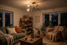 Ceiling light glowing unevenly in a living room with flickering lights