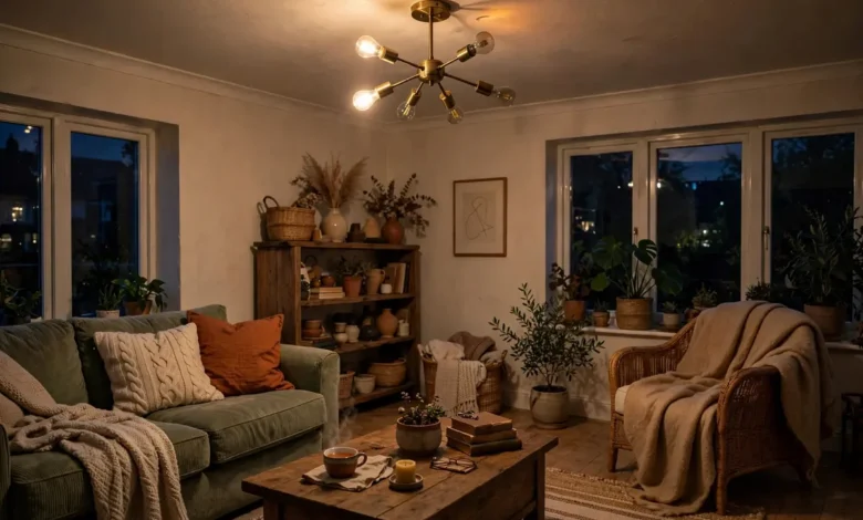 Ceiling light glowing unevenly in a living room with flickering lights