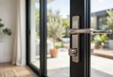 Sliding glass patio door with a secure lock in a bright modern home