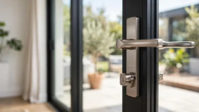 Sliding glass patio door with a secure lock in a bright modern home