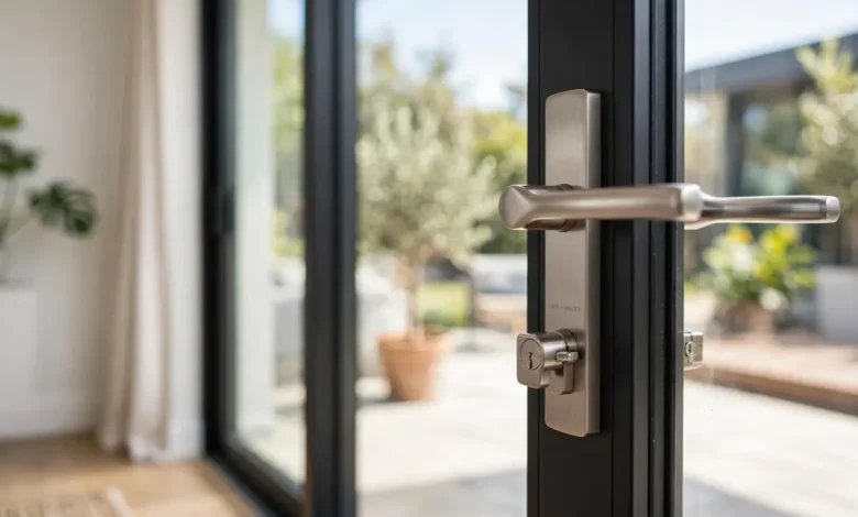 Sliding glass patio door with a secure lock in a bright modern home