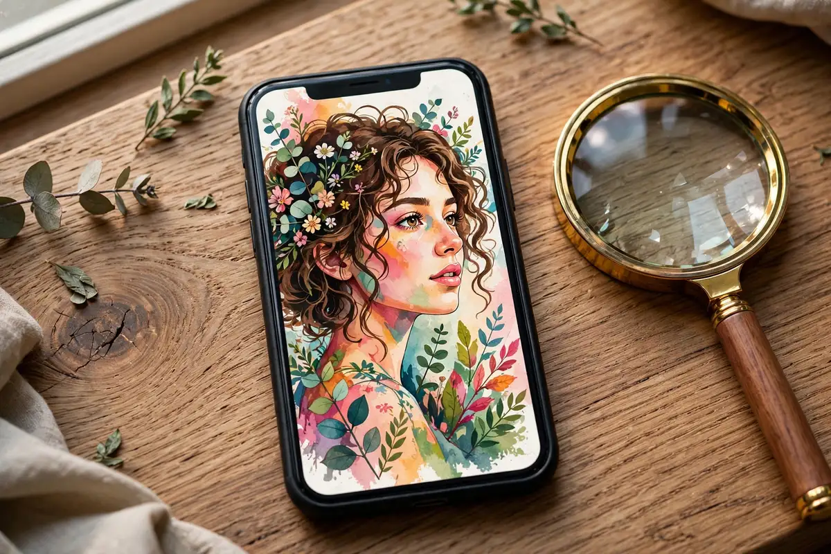 Inspecting an AI-generated portrait image on a smartphone for visual clues