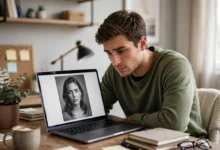 Person checking a photo on a laptop and asking is this AI