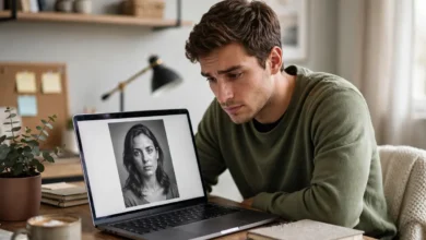 Person checking a photo on a laptop and asking is this AI
