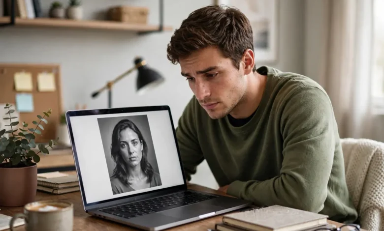 Person checking a photo on a laptop and asking is this AI