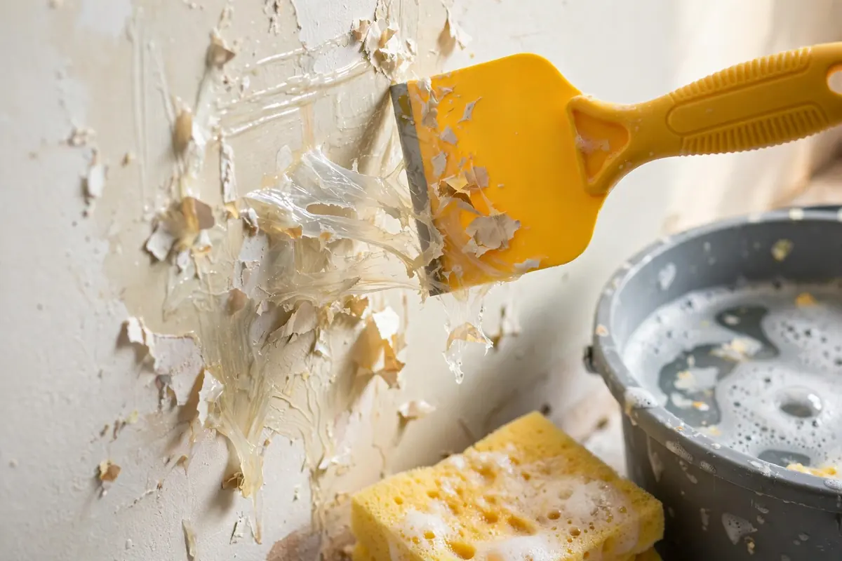 Scraping softened wallpaper glue residue off a wall with a plastic scraper