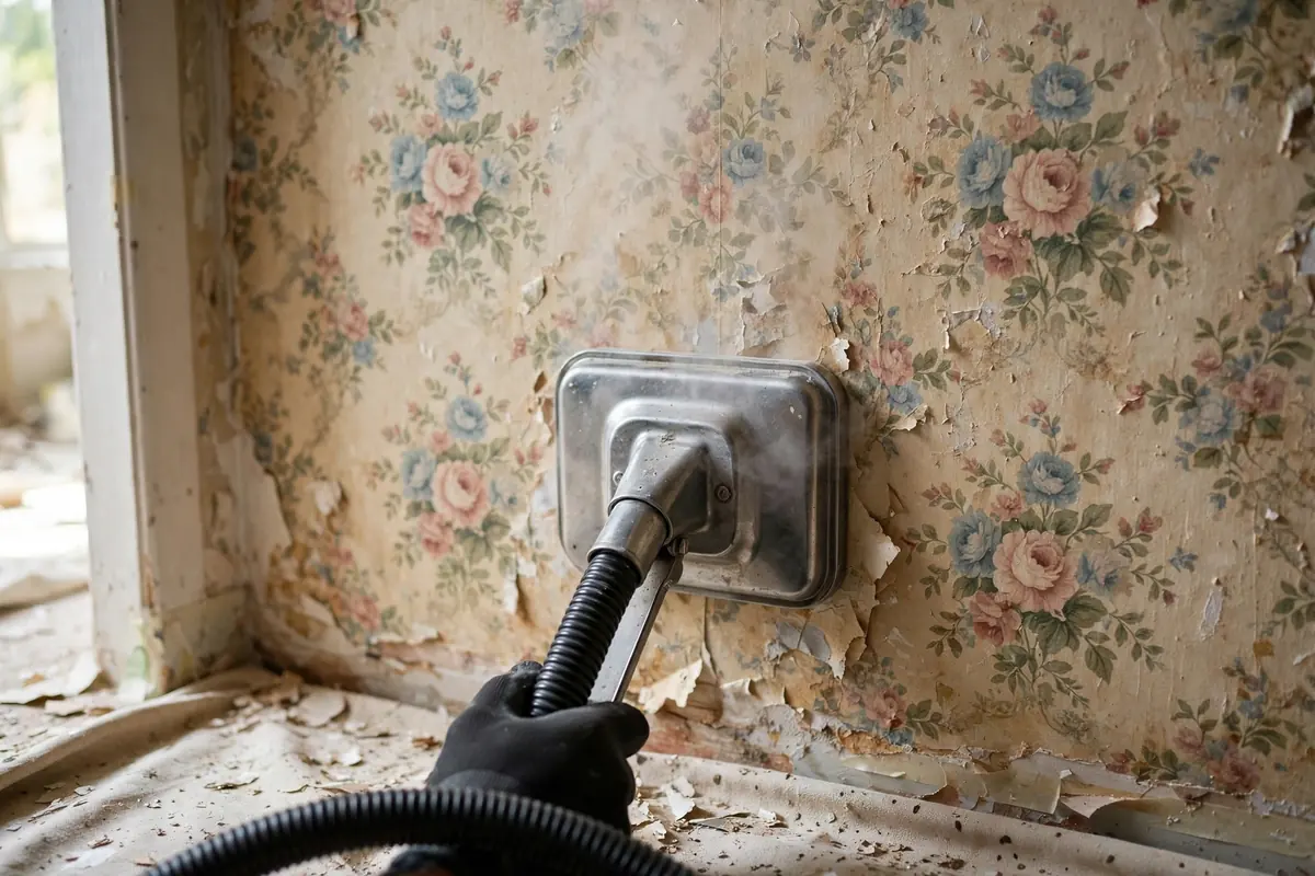 Using a steamer to soften stubborn wallpaper glue before scraping